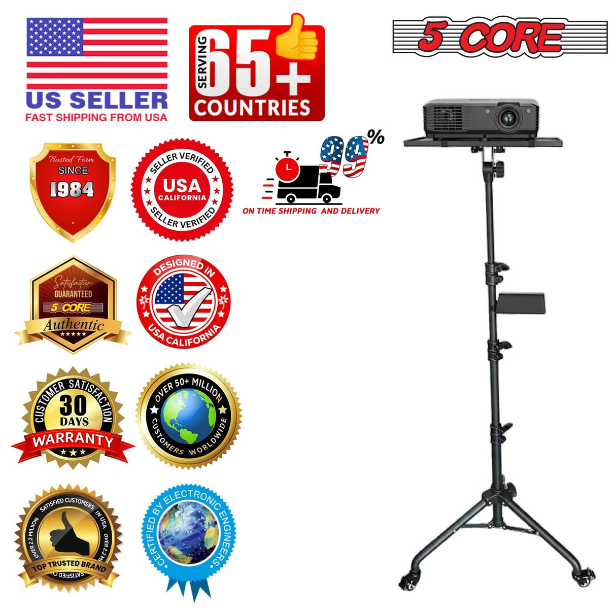 Projector Stand 29.5 to 71 Inch Adjustable Tripod 2 Shelves Portable Laptop Cart w Phone Holder