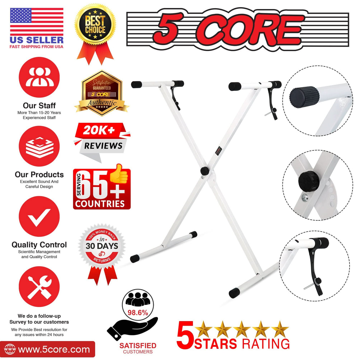 White single X piano stand height adjustable by 5Core