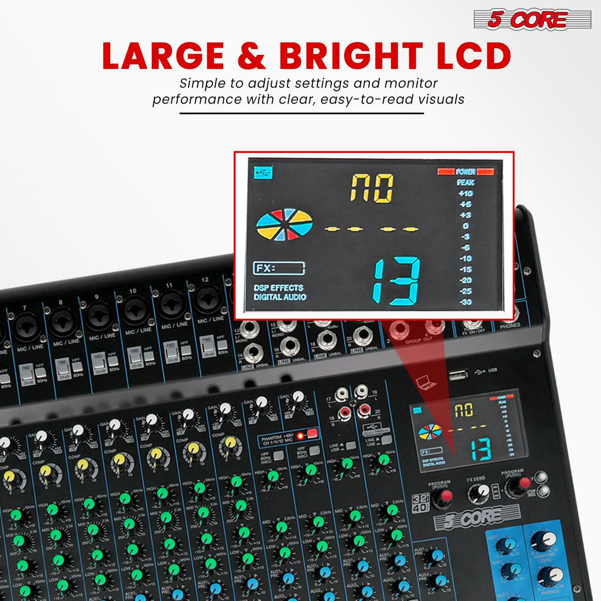 5 Core Audio Mixer 20 Channel DJ Soundboard USB Interface Bluetooth Mixing Console w 24 SPX Effect