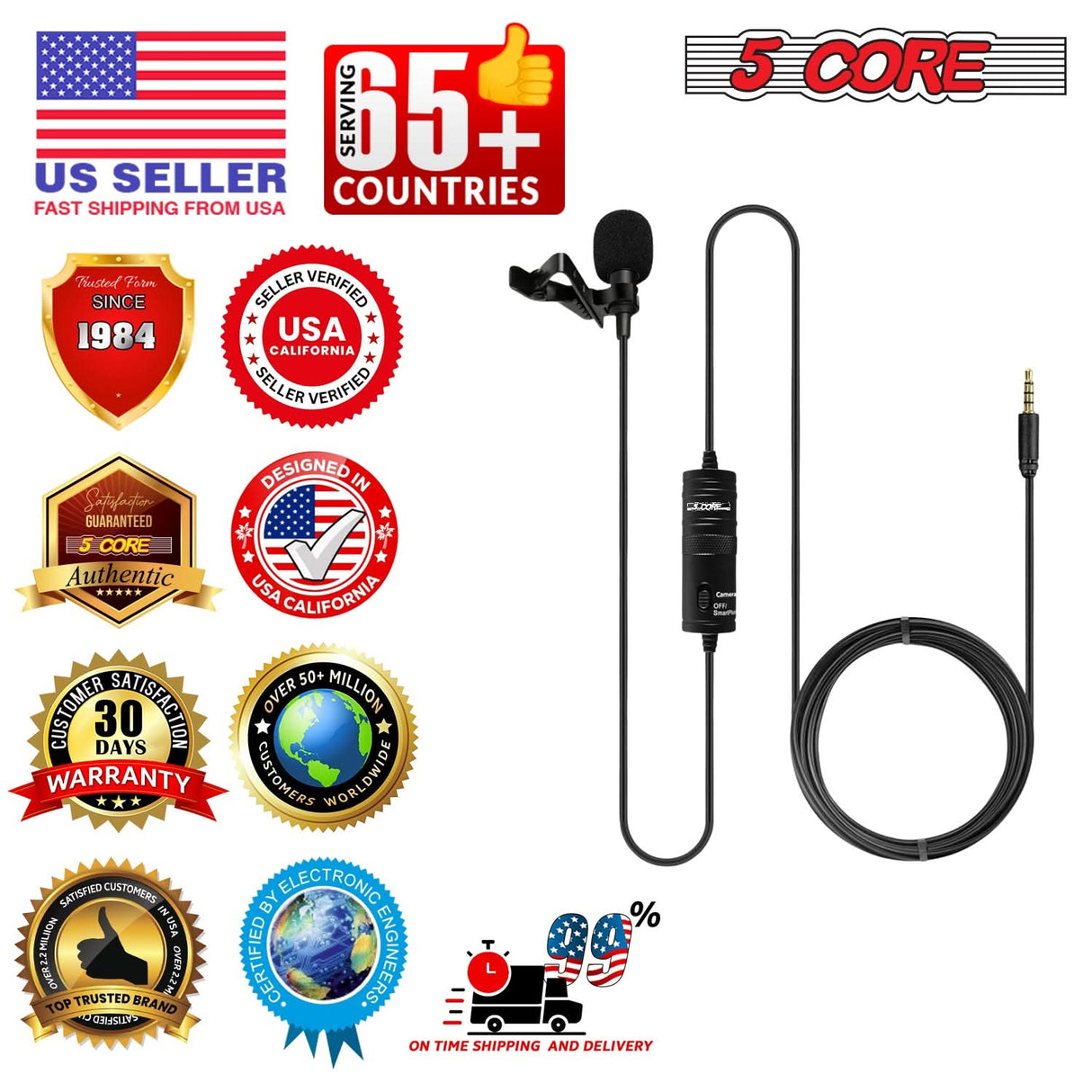 Lavalier microphone with certification badges