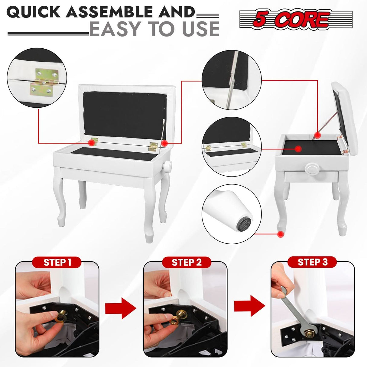 5 Core Piano Bench 3" Padded Cushioned Stool Wooden Heavy Duty Adjustable Musician Chair w Storage