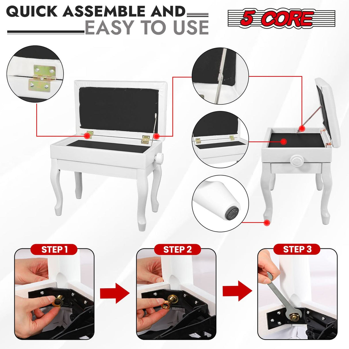 5 Core Piano Bench 3" Padded Cushioned Stool Wooden Heavy Duty Adjustable Musician Chair w Storage