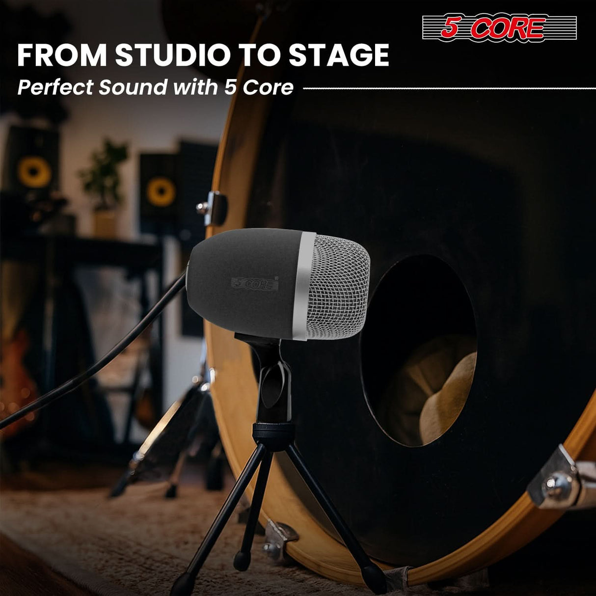 5 Core Kick Drum Microphone Cardioid Dynamic Bass Mic Swivel Adjustable Durable Steel Mesh Grille