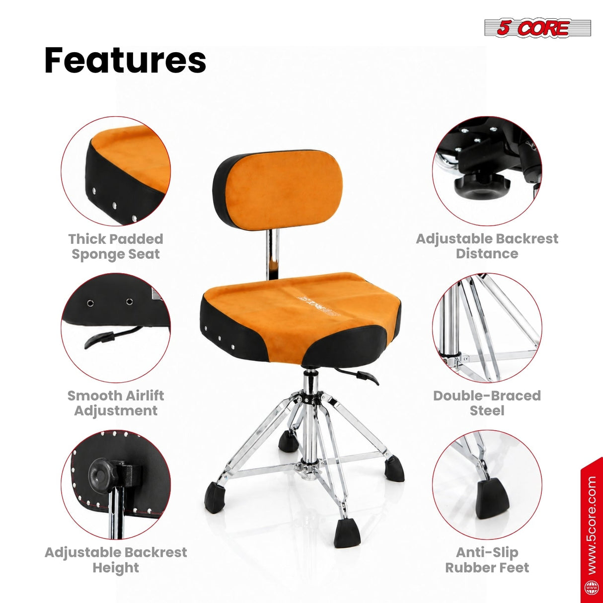 5 Core Drum Throne w Backrest 4" Padded Stool Airlift Adjustable Drummer Chair