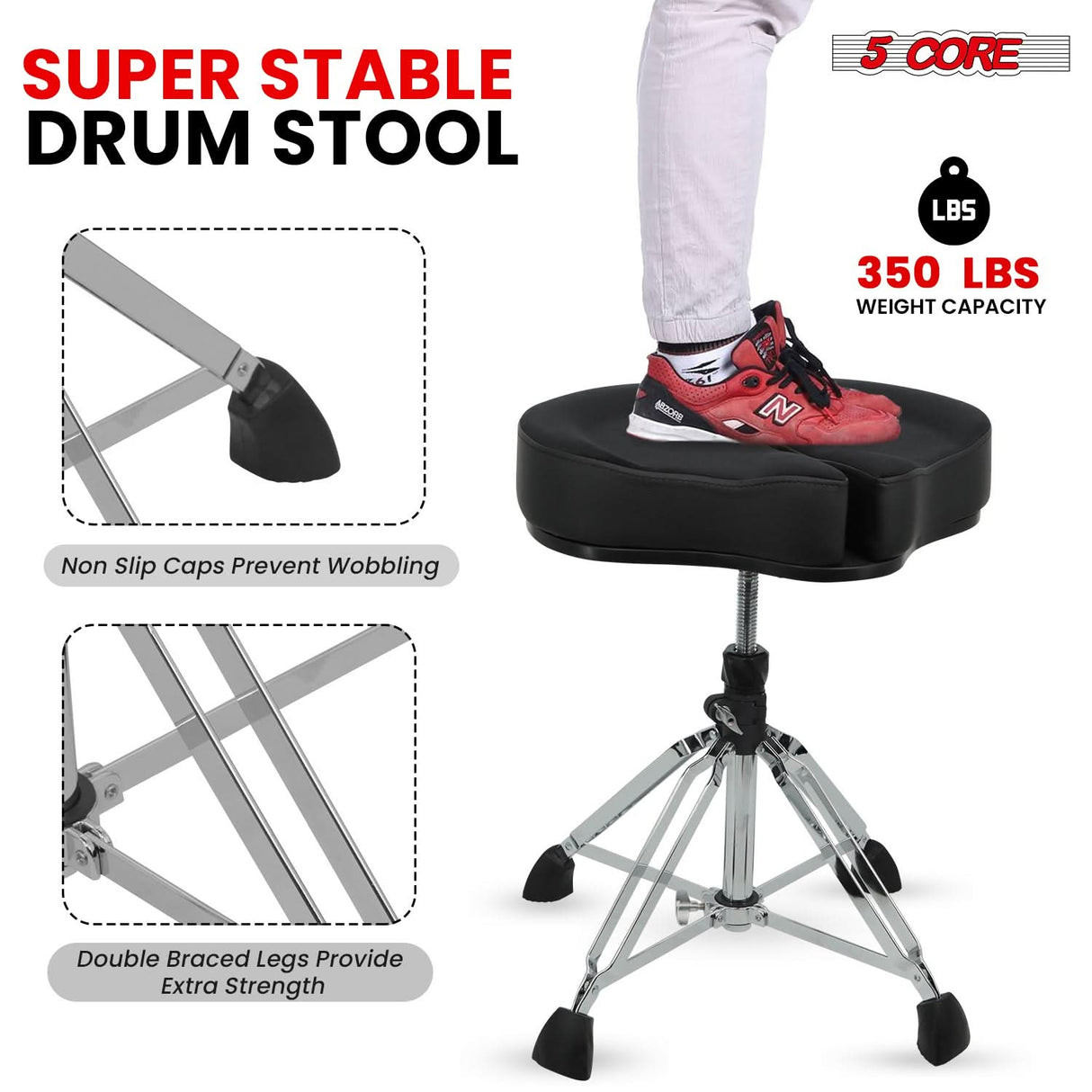 5 Core Drum Throne 5" Padded Split Spine Support 4 Legged 441Lb Capacity Drummer Stool