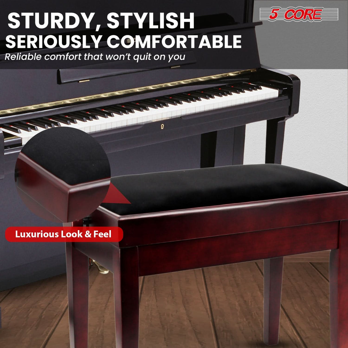 5 Core Adjustable Piano Bench Thick 3.25" Solid Wood Keyboard Stool Heavy Duty Musician Chair