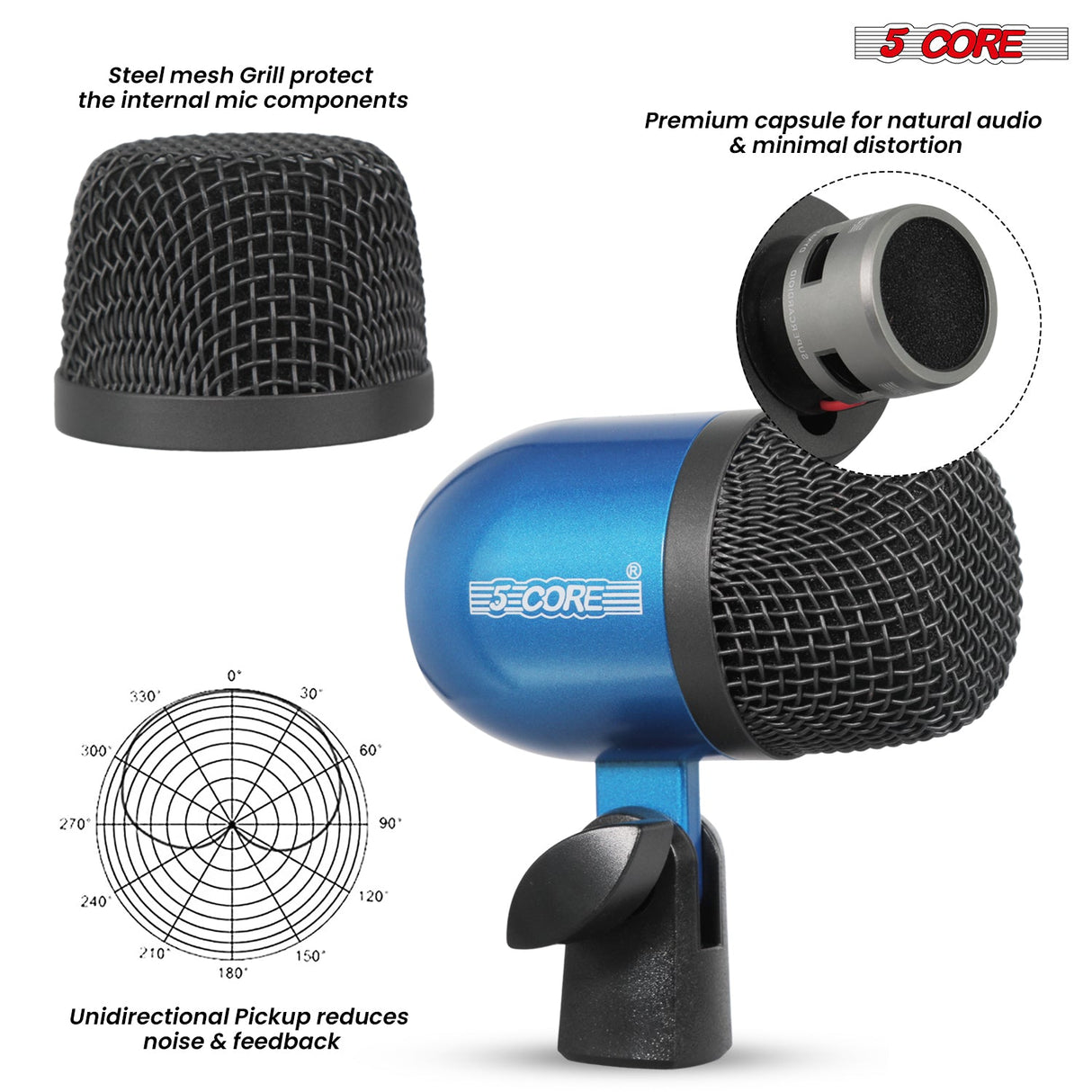 5 Core Drum Microphone Kit 9Pc All Metal Drummer Mics Tom/Snare & Cymbals Wired Instrument Drums Set