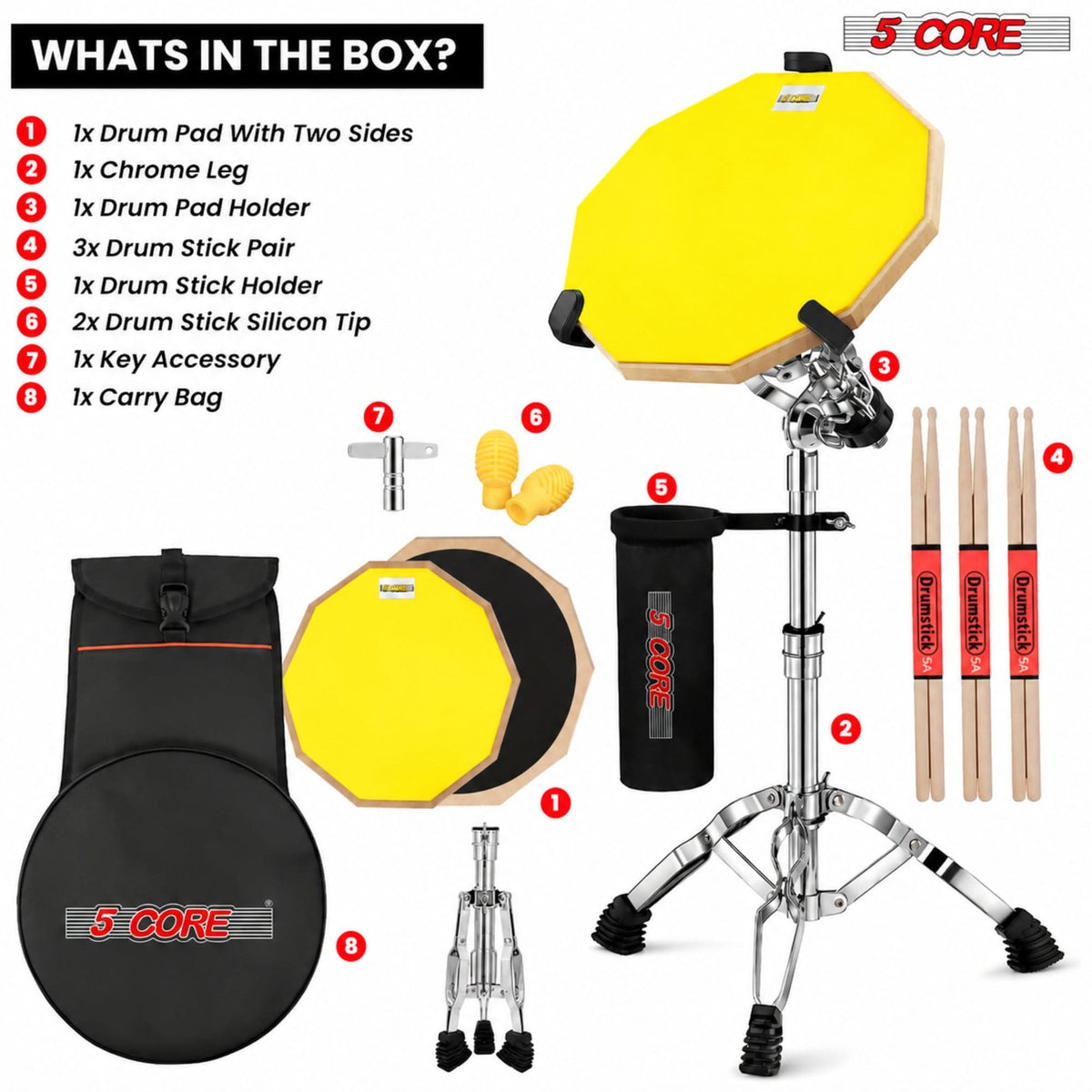 5 Core Drum Practice Pad Set 12" Snare Drumming Stand 2 Sided Drummer Kit