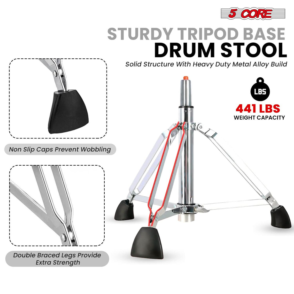 5 Core Drum Throne w Backrest 4" Padded Stool Airlift 25" Adjustable Drummer Stool 441Lb Capacity