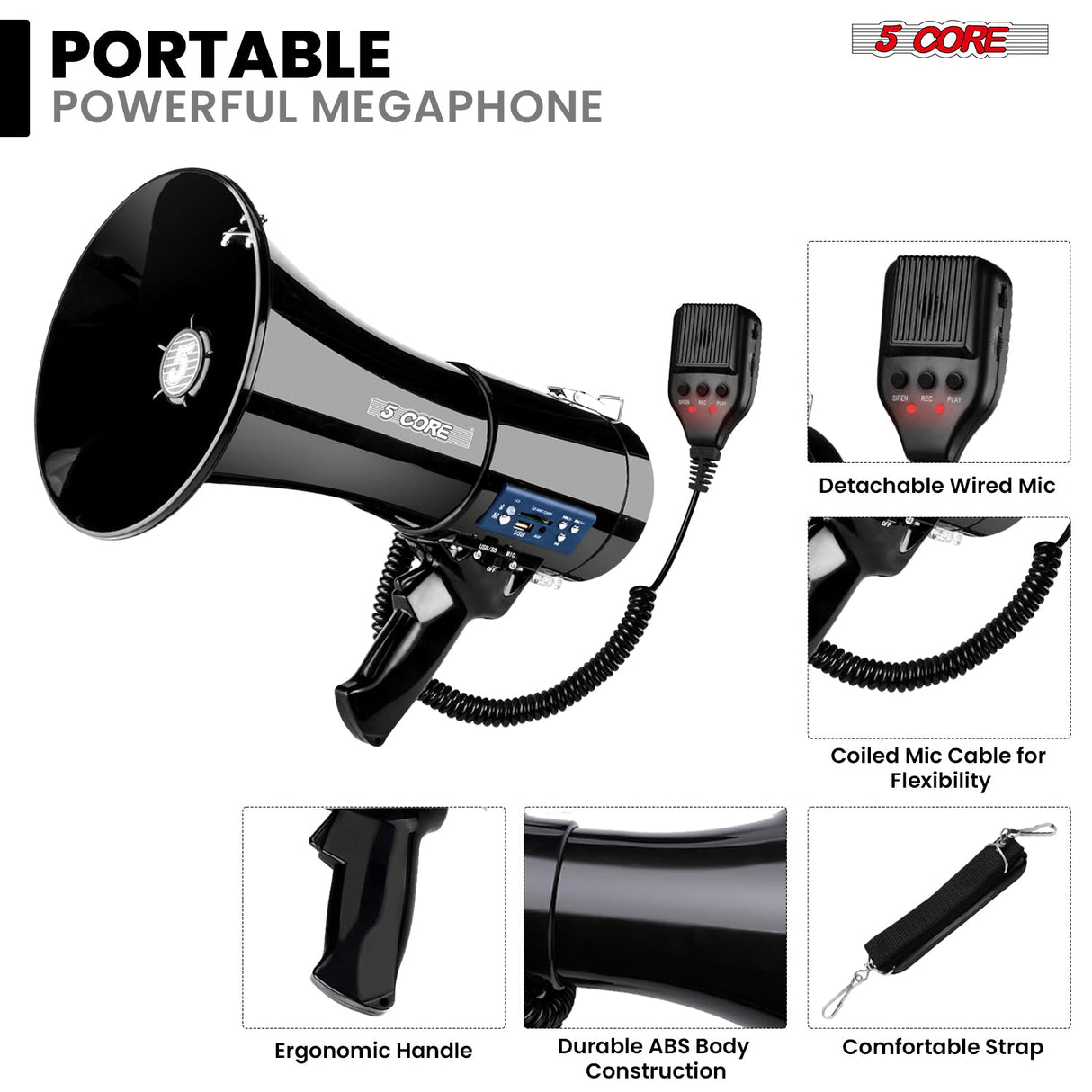 5 Core Megaphone 50W Bluetooth Rechargeable Bullhorn 1100 Yards Loud Siren for Soccer Baseball Coach