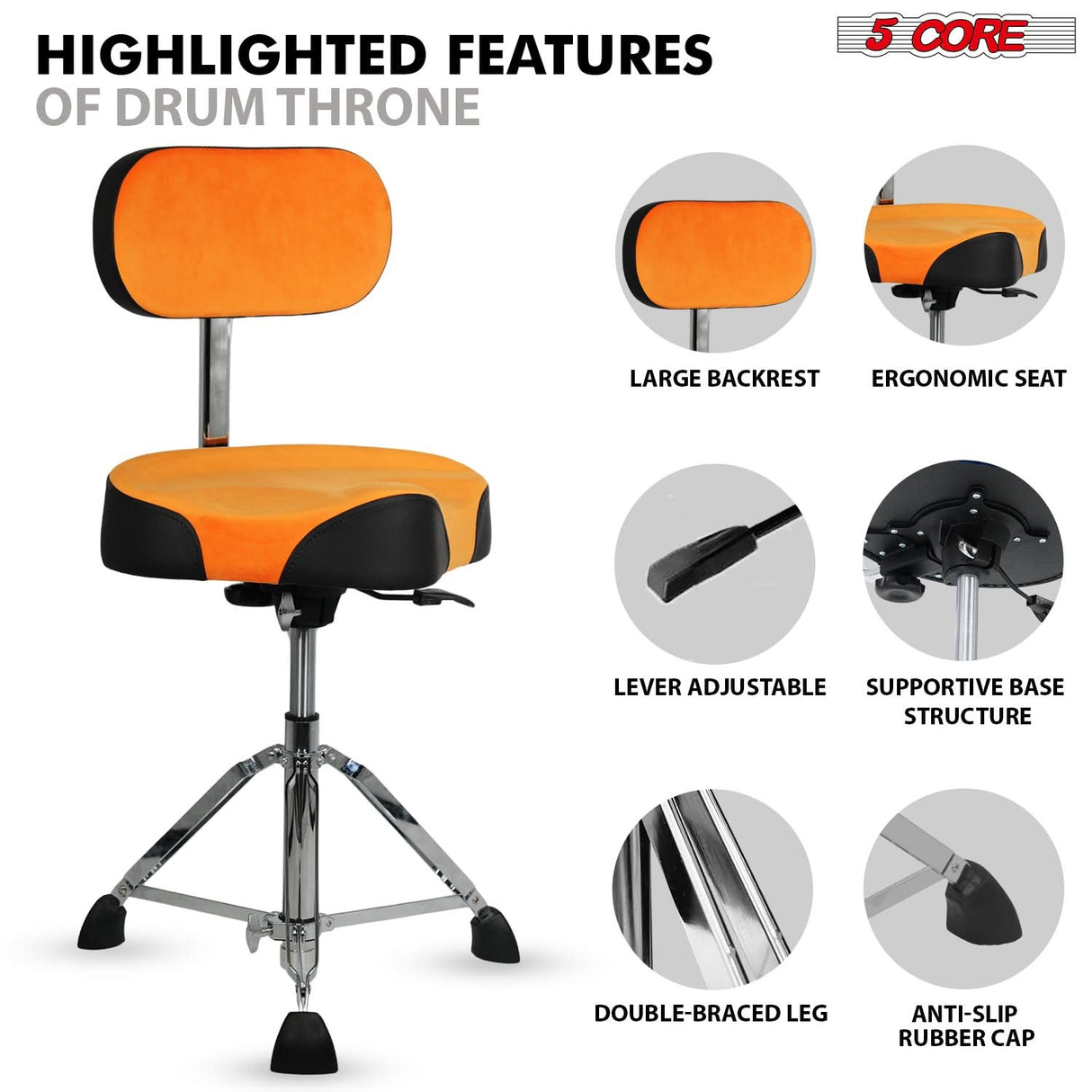 5 Core Drum Throne w Backrest 4" Padded Stool Airlift 25" Adjustable Drummer Stool 441Lb Capacity