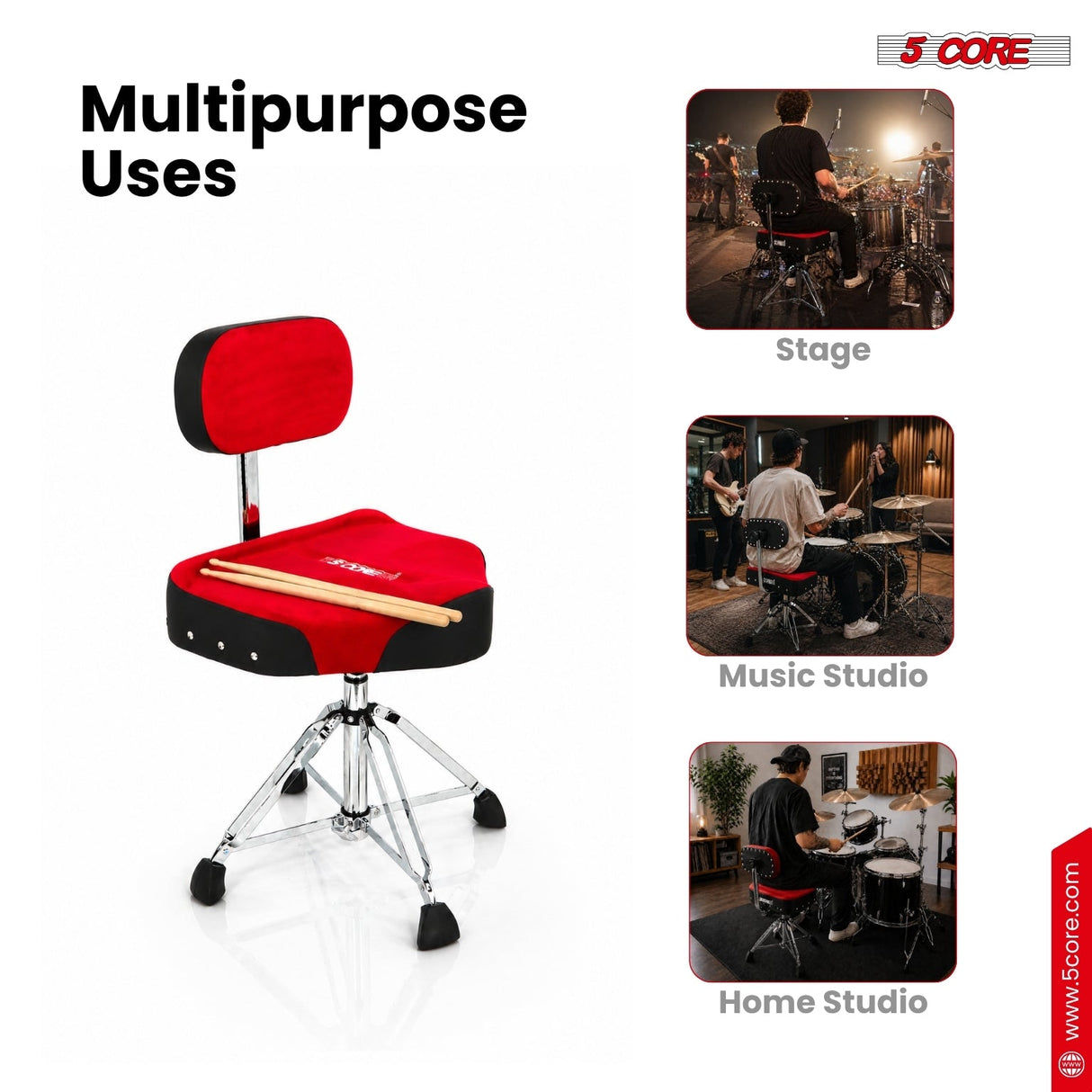 5 Core Drum Throne w Backrest 4" Padded Stool Airlift Adjustable Drummer Chair