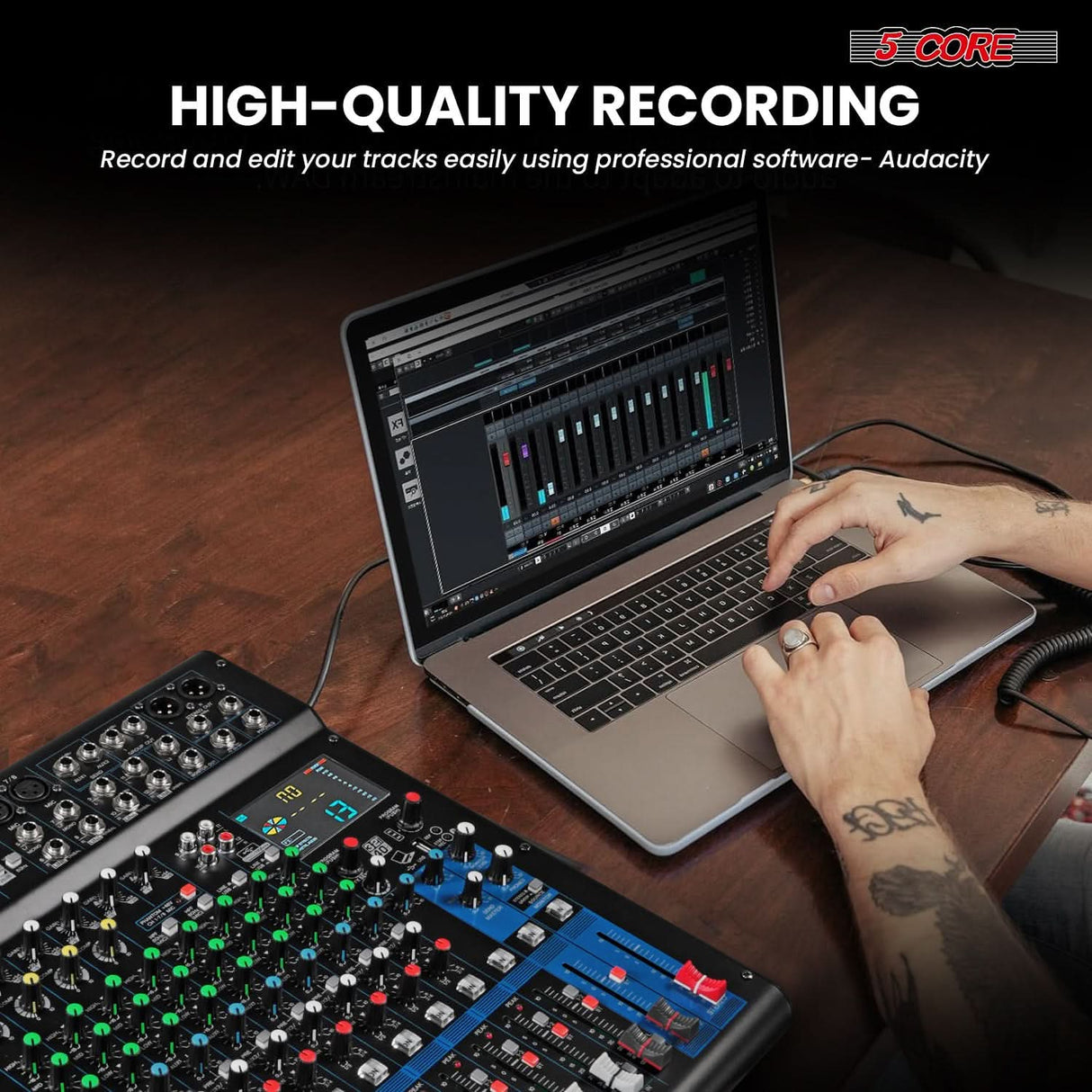 5 Core Audio Mixer 20 Channel DJ Soundboard USB Interface Bluetooth Mixing Console w 24 SPX Effect