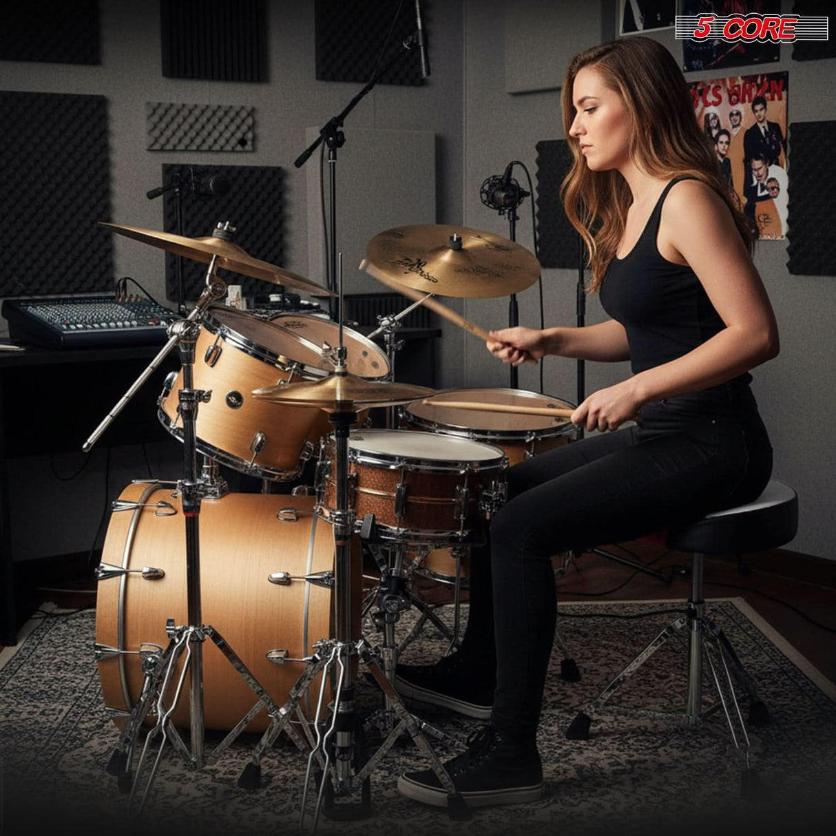 5 Core Drum Throne w Backrest 4" Padded Stool Airlift 25" Adjustable Drummer Stool 441Lb Capacity