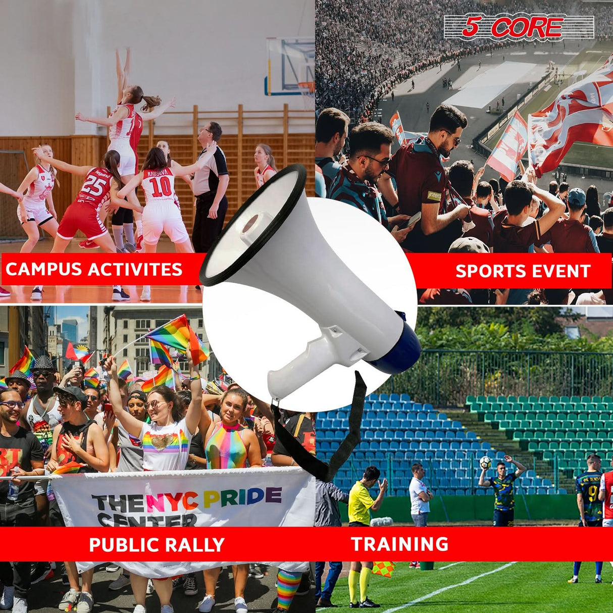 5 Core Megaphone 20W Bull Horn PA Speaker w 300 Yards Range Loud Siren Voice Amp Portable Megafono