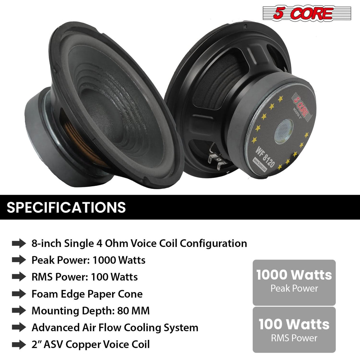 5 Core Car Subwoofer 8" 1000W Pro Audio Deep Bass Component Sub Woofer 4Ohm Replacement Loud Speaker