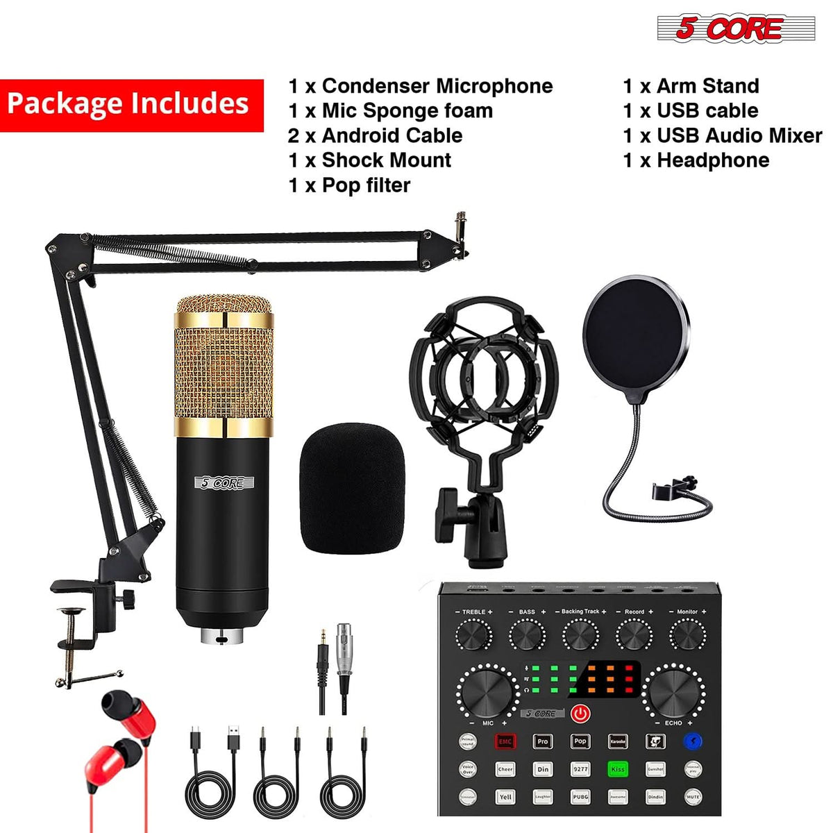 5 CORE Podcast Equipment Bundle Condenser Microphone Kit with Sound Card
