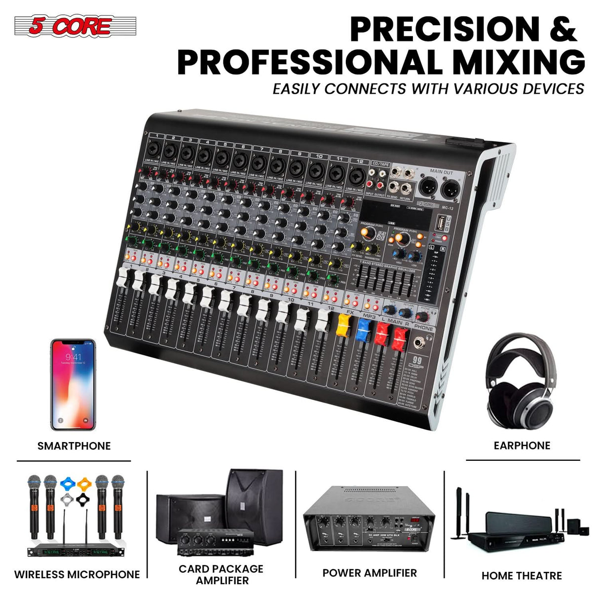 5 Core Audio Mixer 12 Channel DJ Soundboard USB Interface Bluetooth Mixing Console w 99 DSP Effect