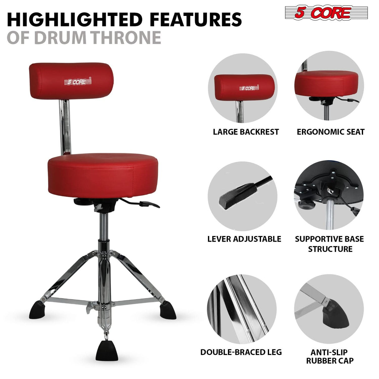 5 Core Drum Throne w Backrest 4" Padded Stool Airlift Adjustable 25.5" Drummer Chair 441Lb Capacity