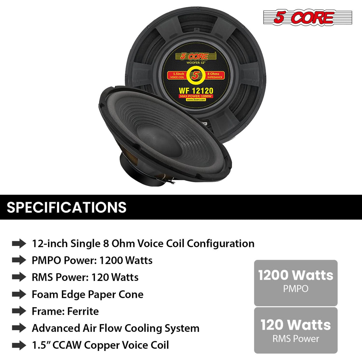5 Core 12" Subwoofer 120W Car Audio Sub Woofer 8 Ohm Deep Bass Replacement Component Loud Speaker