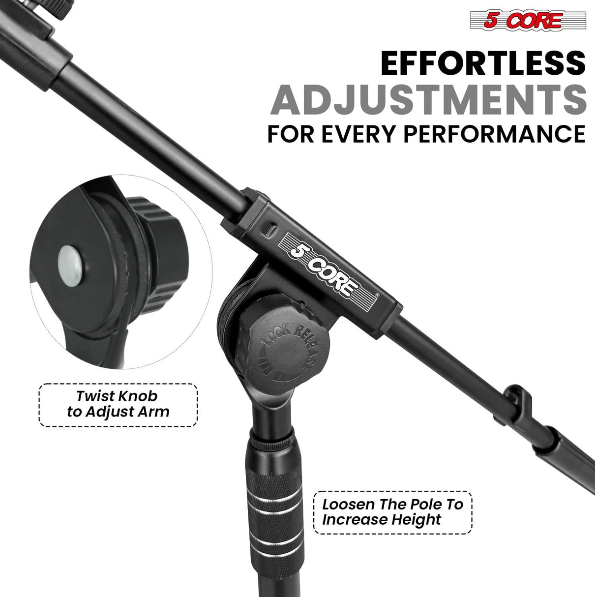 5 Core Mic Stand 2Pcs Adjustable 82" Microphone Stands Floor w 180° Telescoping Metal Boom Arm