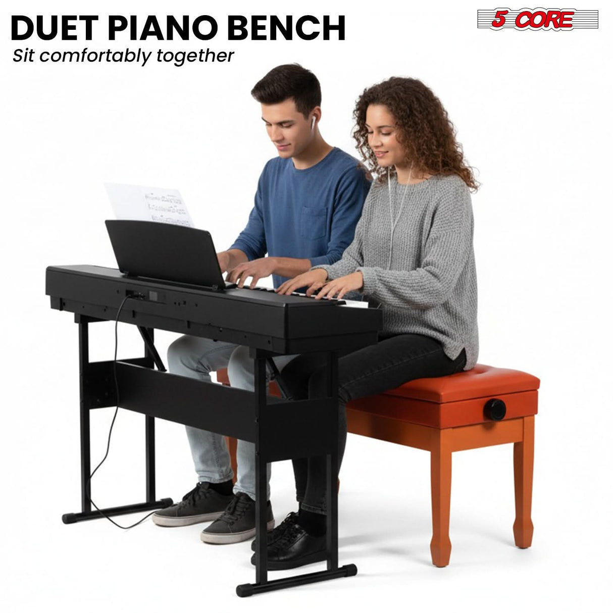 5 Core Duet Piano Bench 3.5 Inch Padded Cushioned Stool Wooden Heavy Duty Musician Chair w Storage