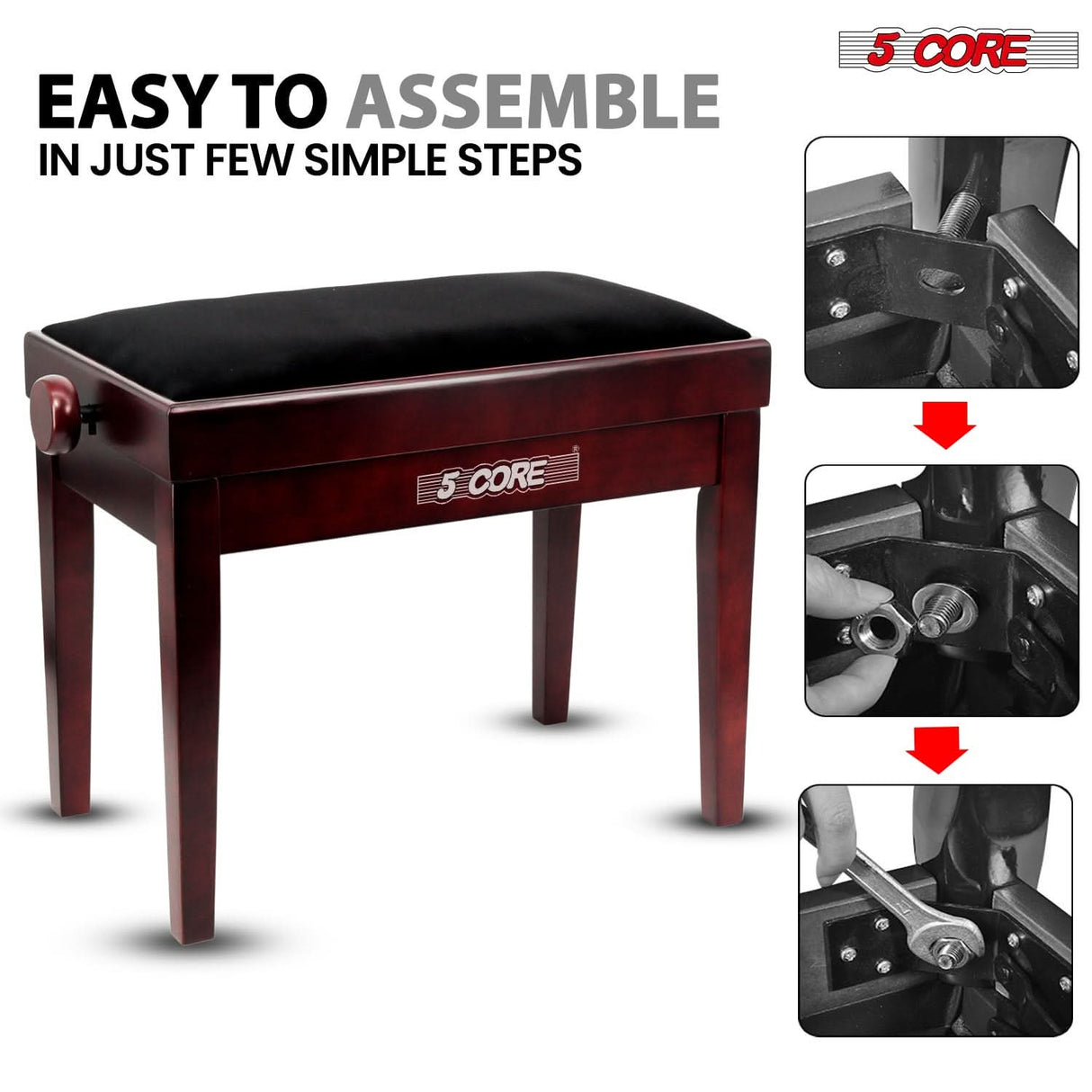 5 Core Adjustable Piano Bench Thick 3.25" Solid Wood Keyboard Stool Heavy Duty Musician Chair