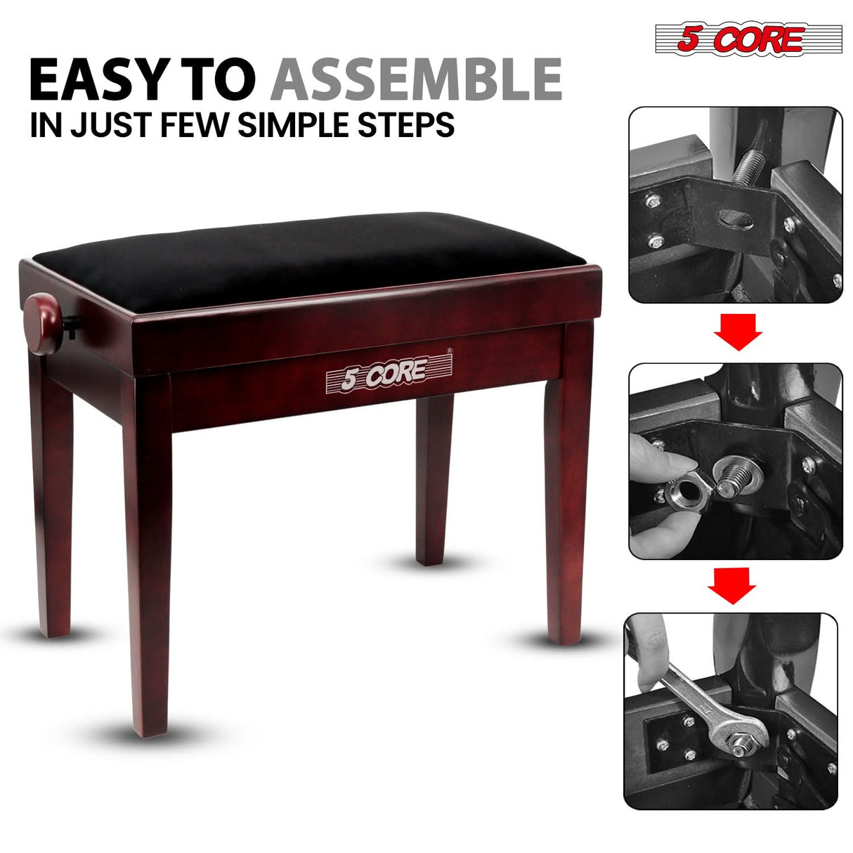 5 Core Adjustable Piano Bench Thick 3.25" Solid Wood Keyboard Stool Heavy Duty Musician Chair