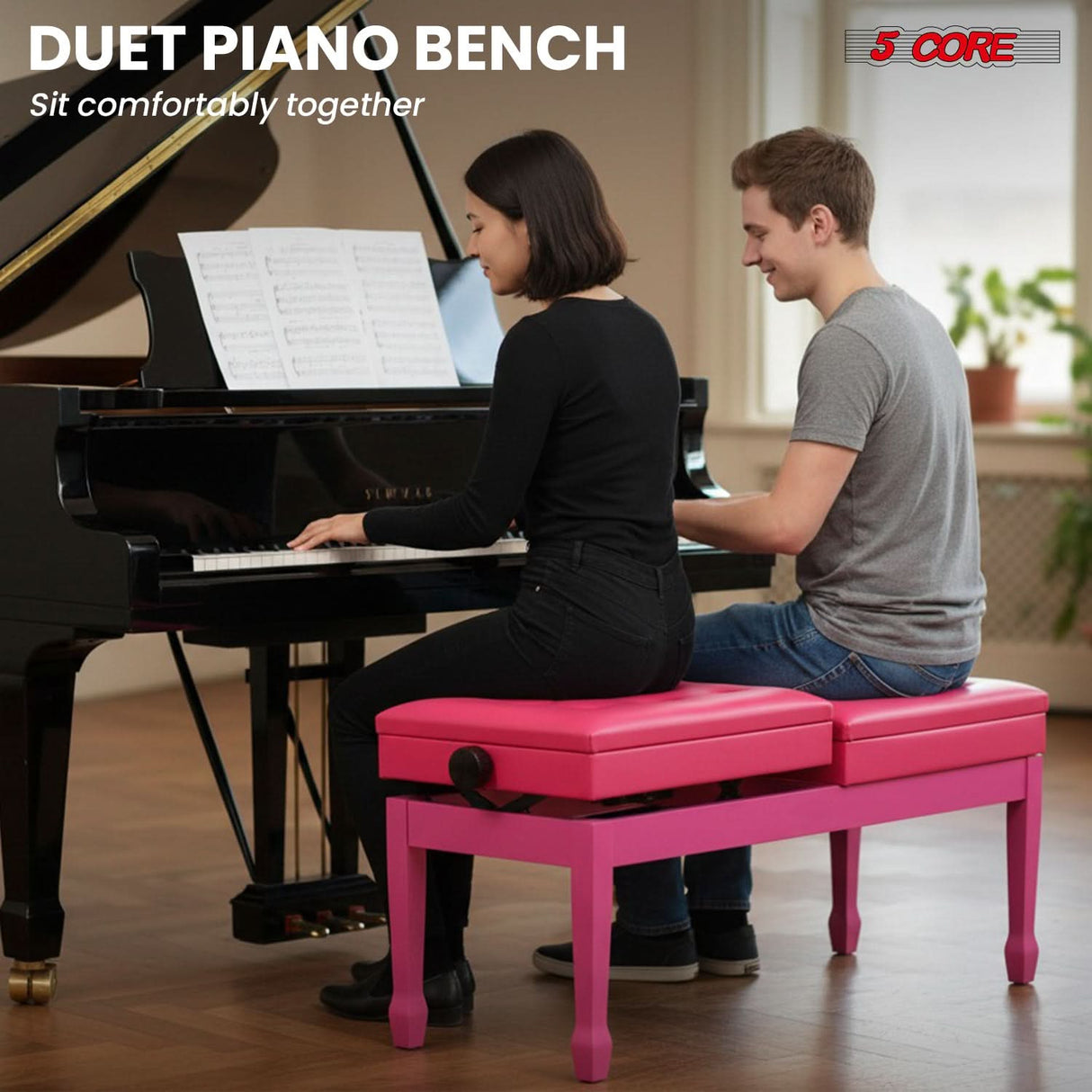 5 Core Duet Piano Bench 3.5 Inch Padded Cushioned Stool Wooden Heavy Duty Musician Chair w Storage