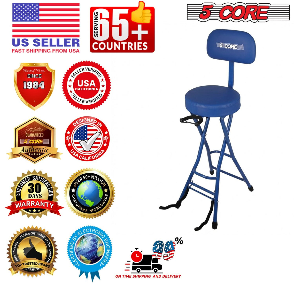 5Core Guitar Stool 3.15" Padded Chair w Backrest Foldable Music Seat Built in Foot Rest Guitar Stand