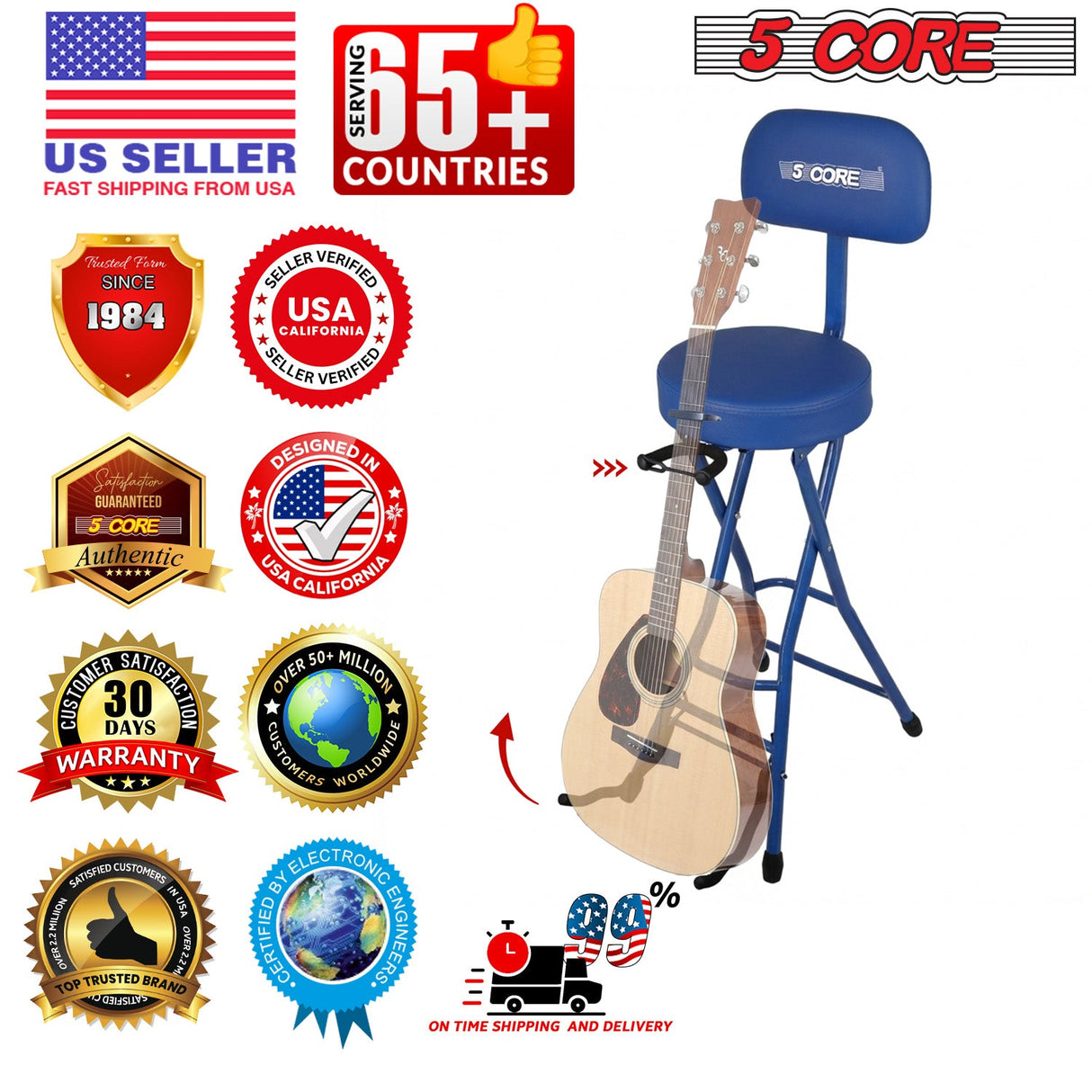 5 Core Guitar Stool w Backrest 3.15" Padded Chair Foldable Music Seat Built in Foot Rest Guitar Stand