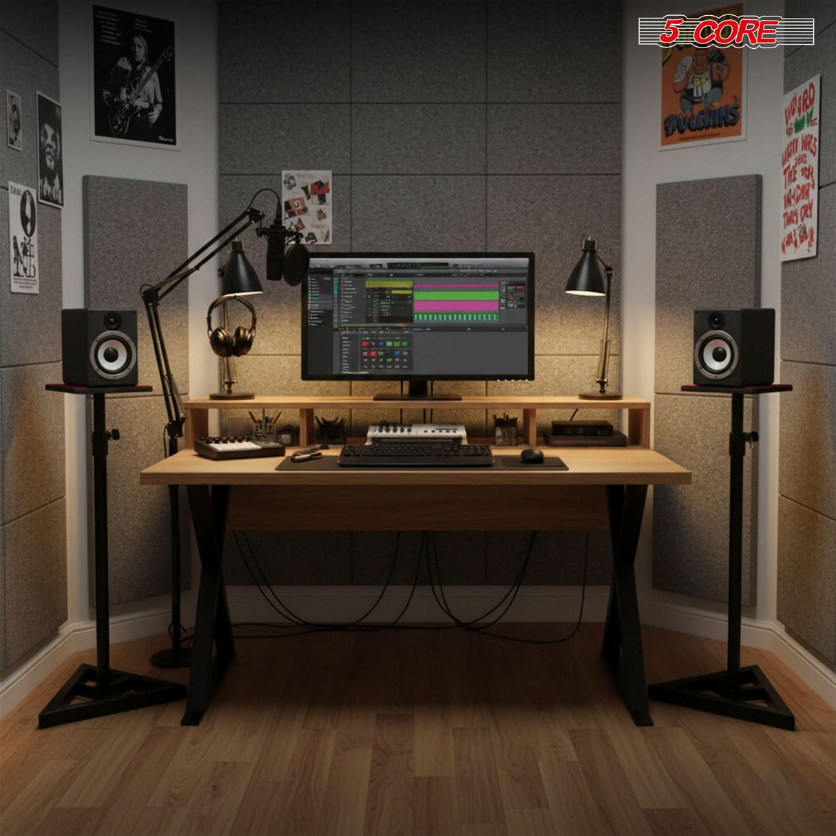 5 Core Speaker Stand 2Pc Heavy Duty Adjustable Telescoping Height 59.5" Triangle Base 100Lb Capacity