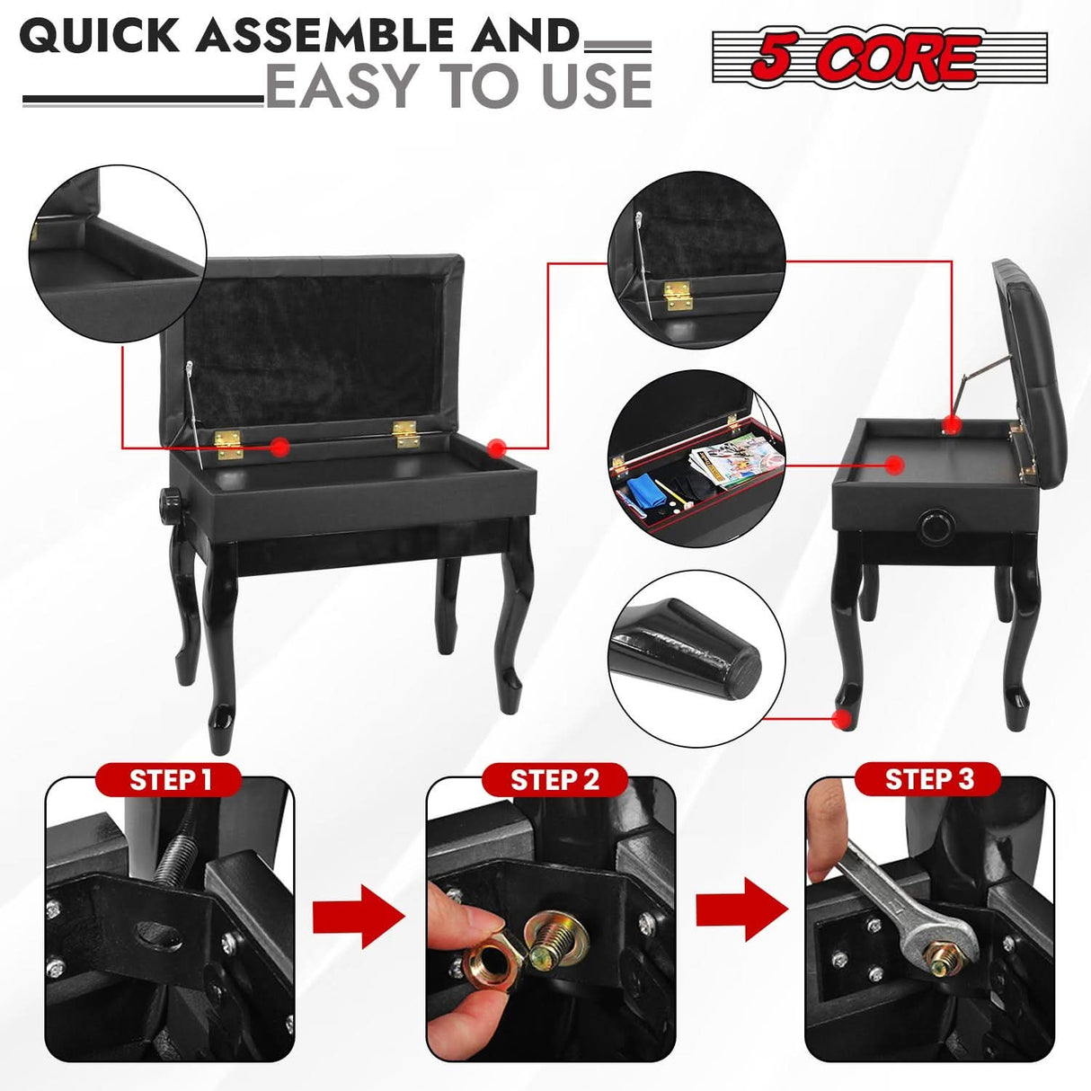 5 Core Piano Bench 3" Padded Cushioned Stool Wooden Heavy Duty Adjustable Musician Chair w Storage