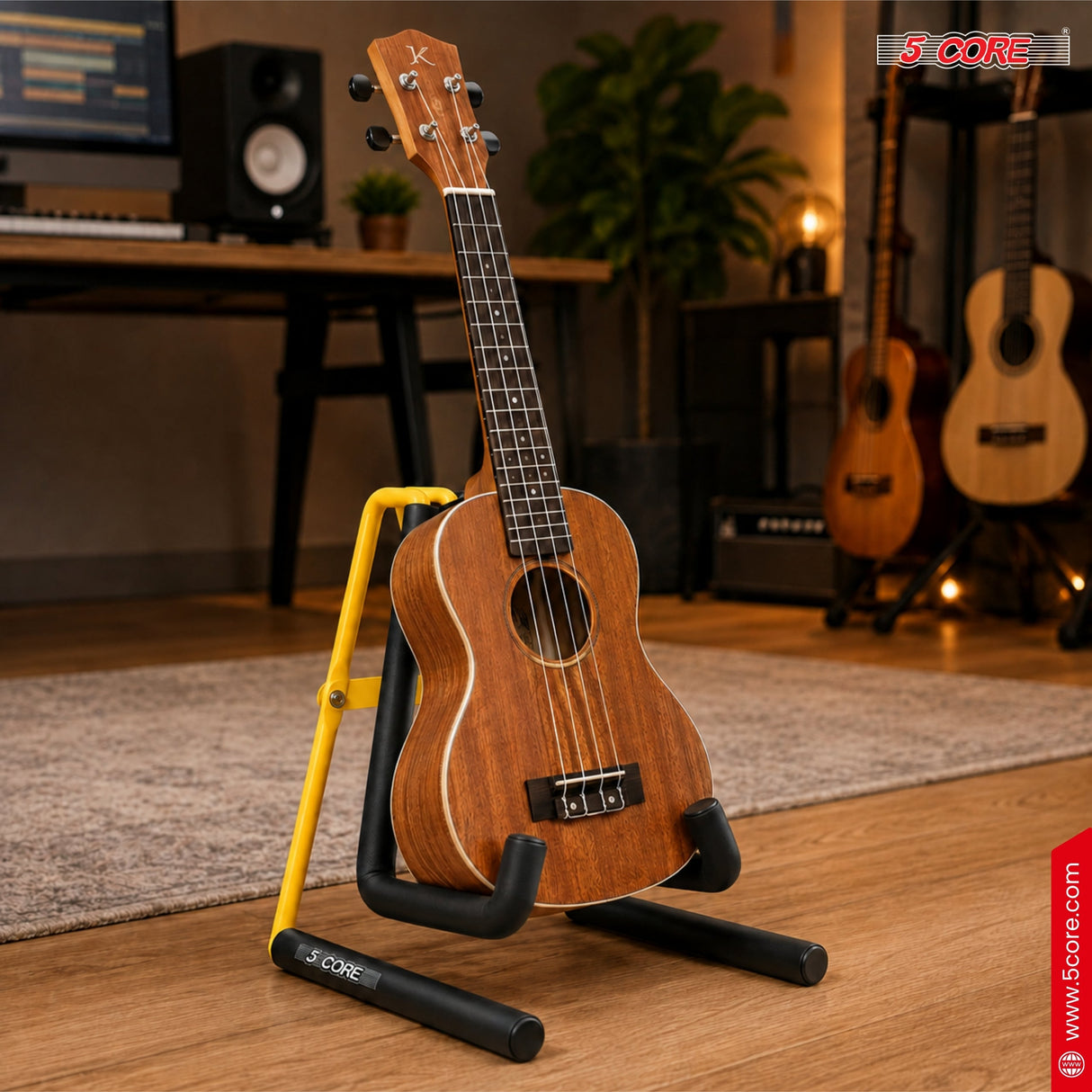 5 Core Ukulele Stand A Frame Metal Body w Soft Padded Arms Support Banjo Ukuleles Mini Guitar Violin Yellow