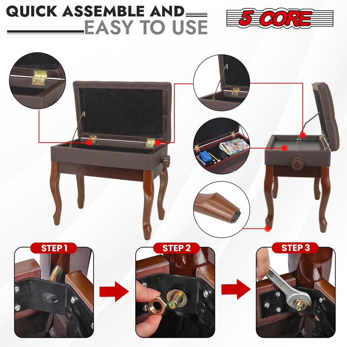 5 Core Piano Bench 3" Padded Cushioned Stool Wooden Heavy Duty Adjustable Musician Chair w Storage