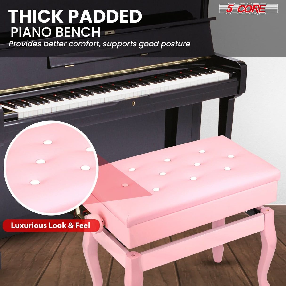5 Core Piano Bench 3" Padded Cushioned Stool Wooden Heavy Duty Adjustable Musician Chair w Storage