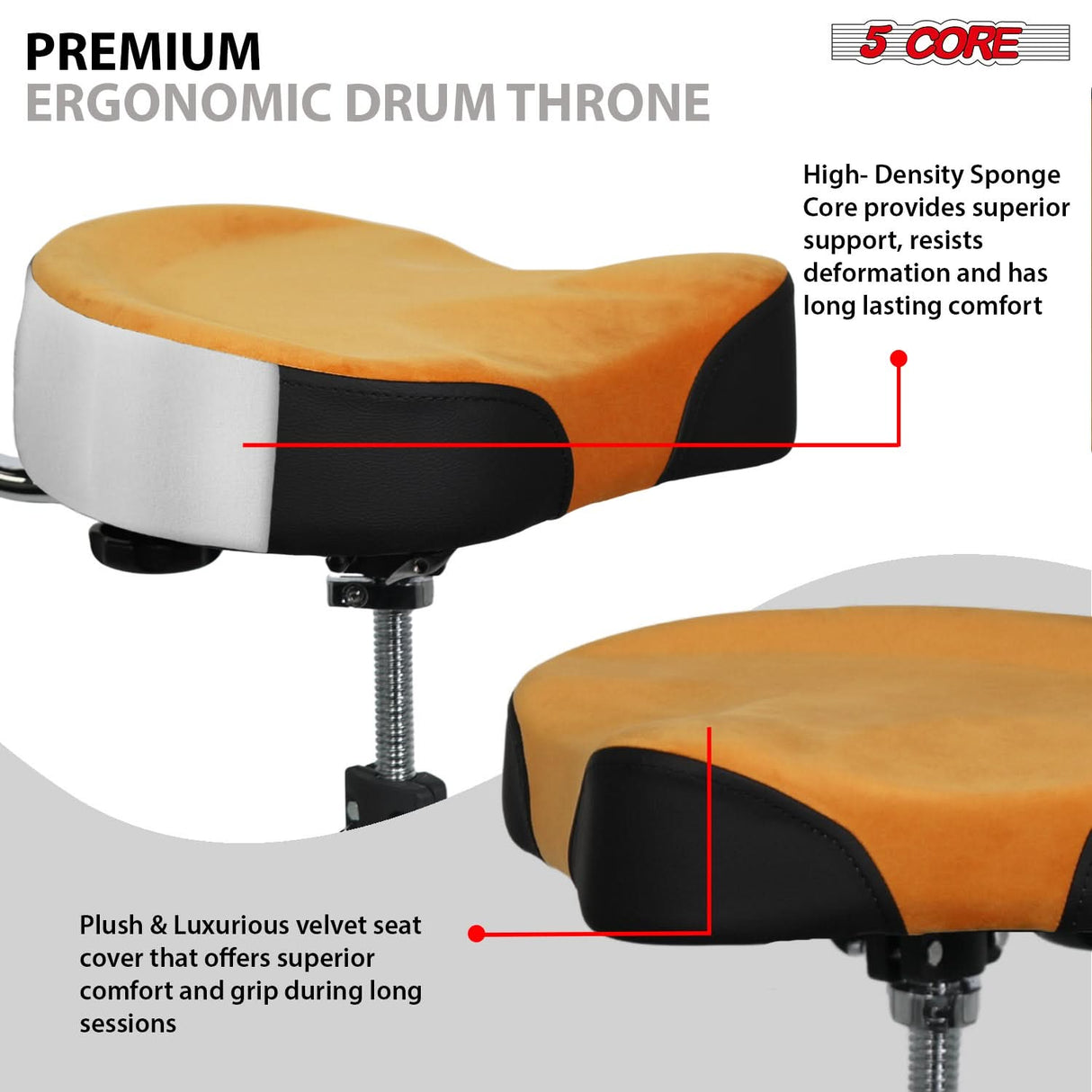 5 Core Drum Throne w Backrest 4" Padded Adjustable 26.5" Drummer Stool w Velvet Top 441Lb Capacity