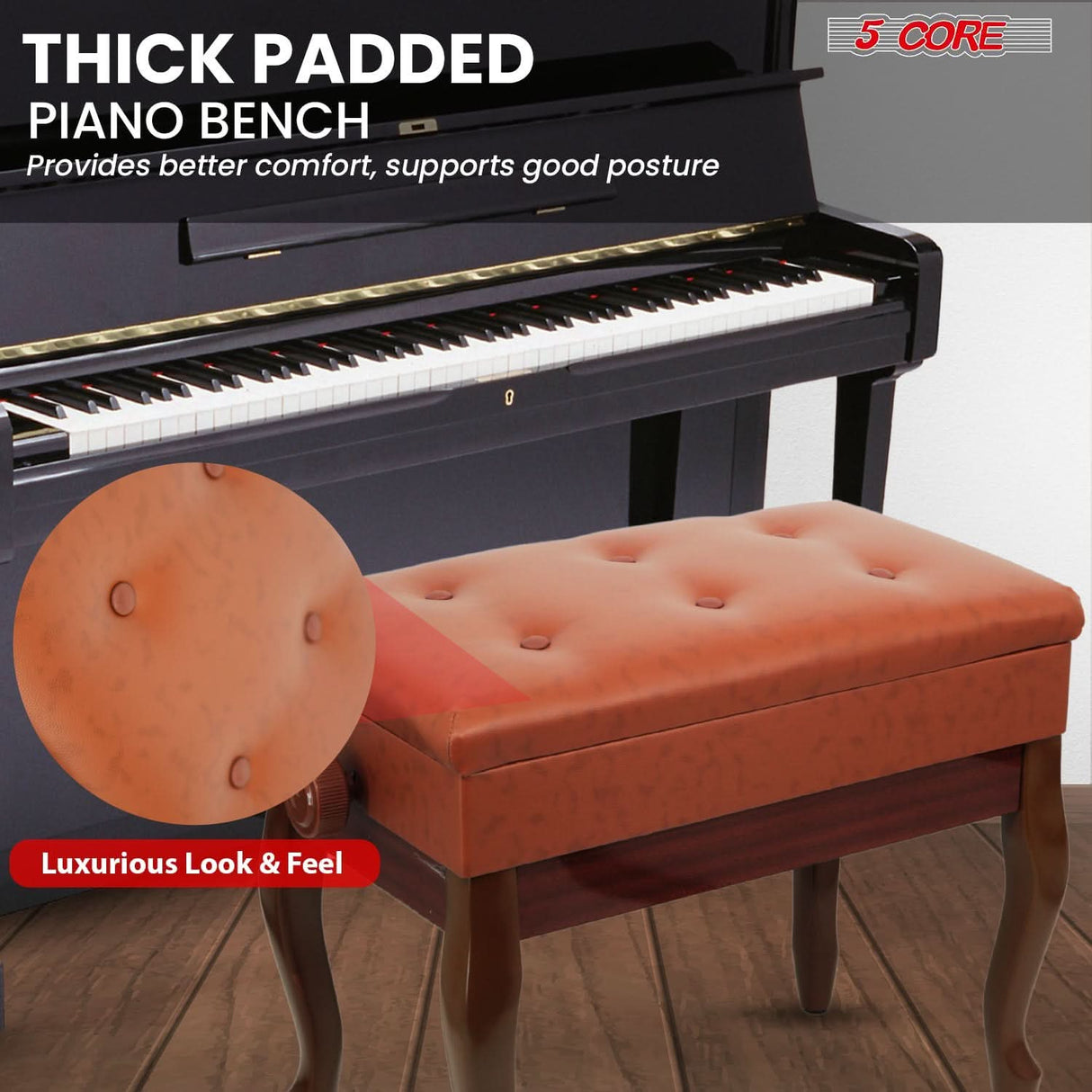 5 Core Piano Bench 3" Padded Cushioned Stool Wooden Heavy Duty Adjustable Musician Chair w Storage