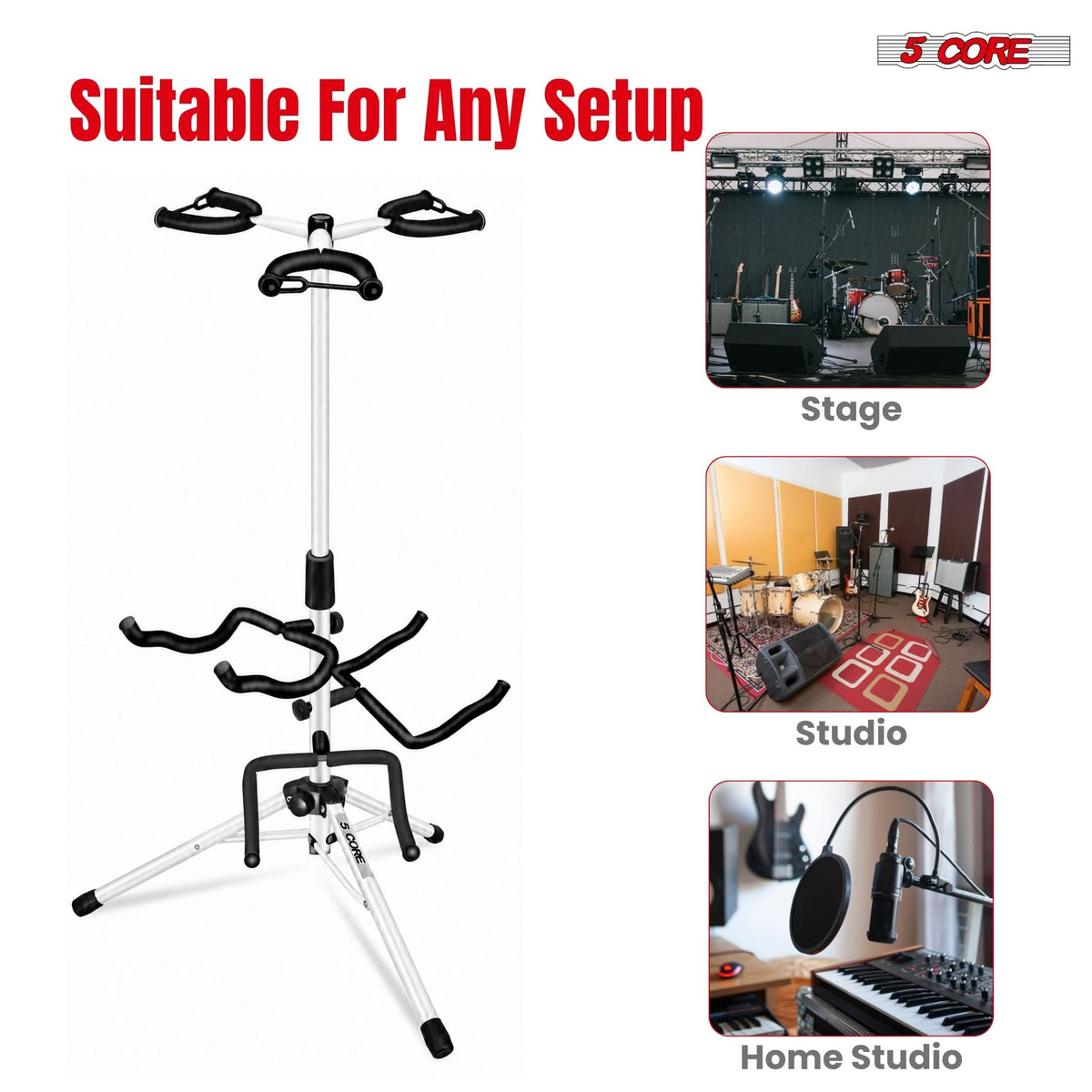 5 Core Triple Guitar Stand Floor w Foam Arms for Acoustic Electric Guitars