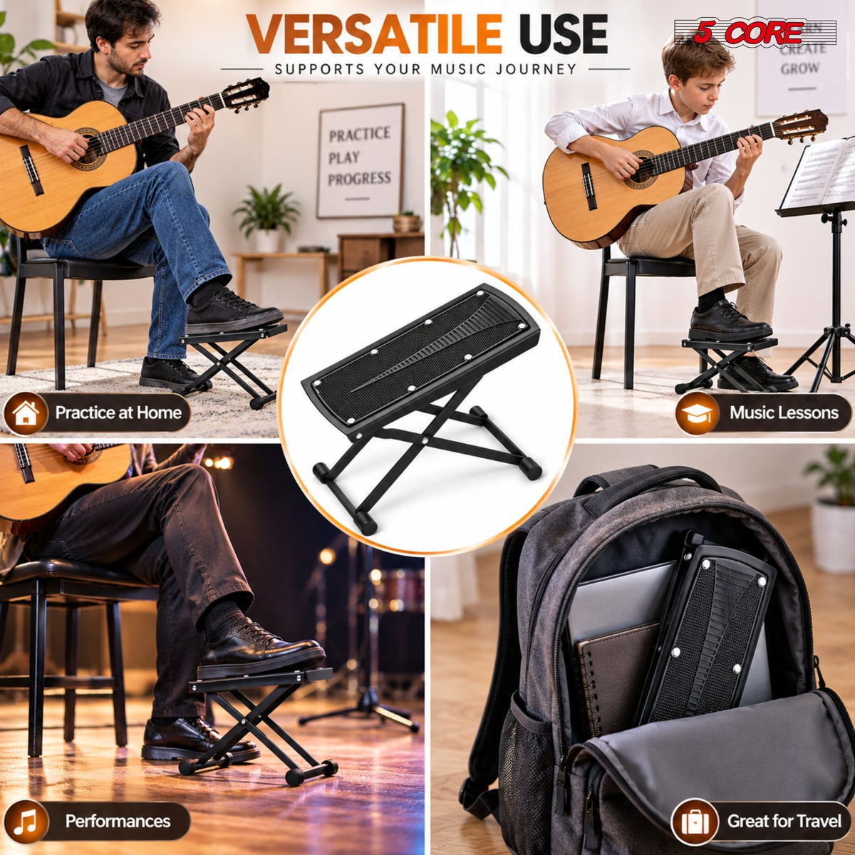 5Core Guitar Foot Stool Height Adjustable Folding Leg Rest Classical Footrest