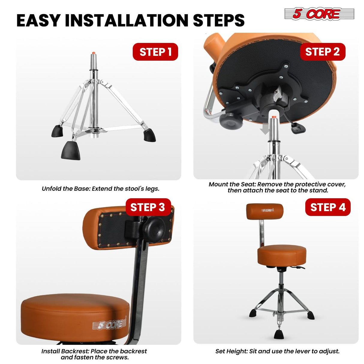 5 Core Drum Throne w Backrest 4" Padded Stool Airlift Adjustable 25.5" Drummer Chair 441Lb Capacity