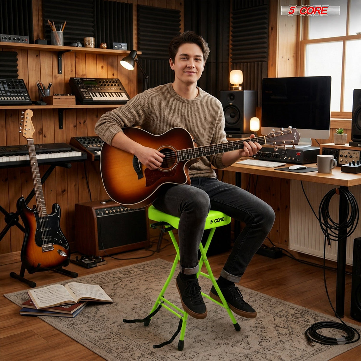 5Core Guitar Stool 3.15" Padded Chair Foldable Heavy Duty Music Seat Built in Foot Rest Guitar Stand