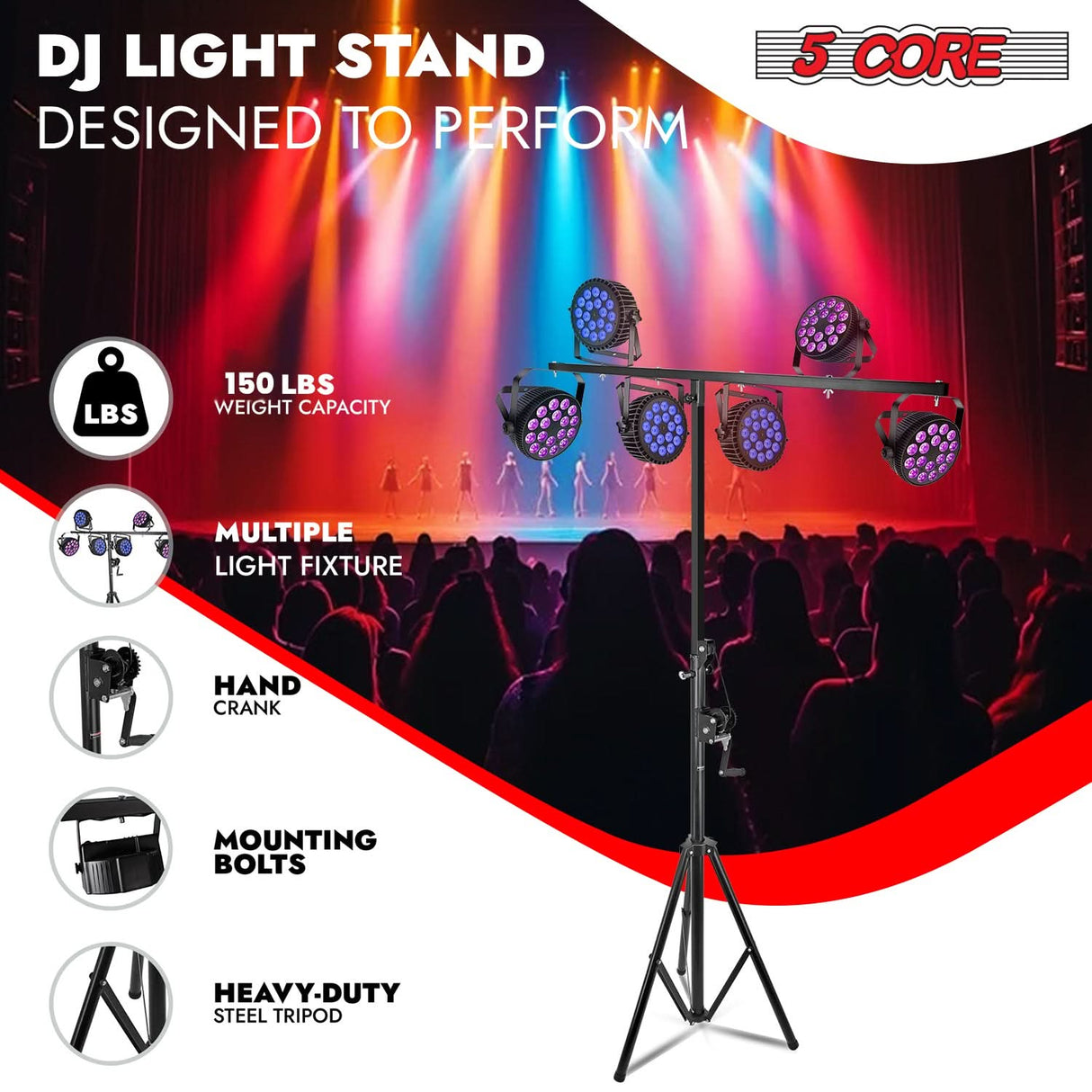 5Core DJ Light Stand Stage Lighting Truss System Hand Crank Up Height Adjustable 65.5 to 111"