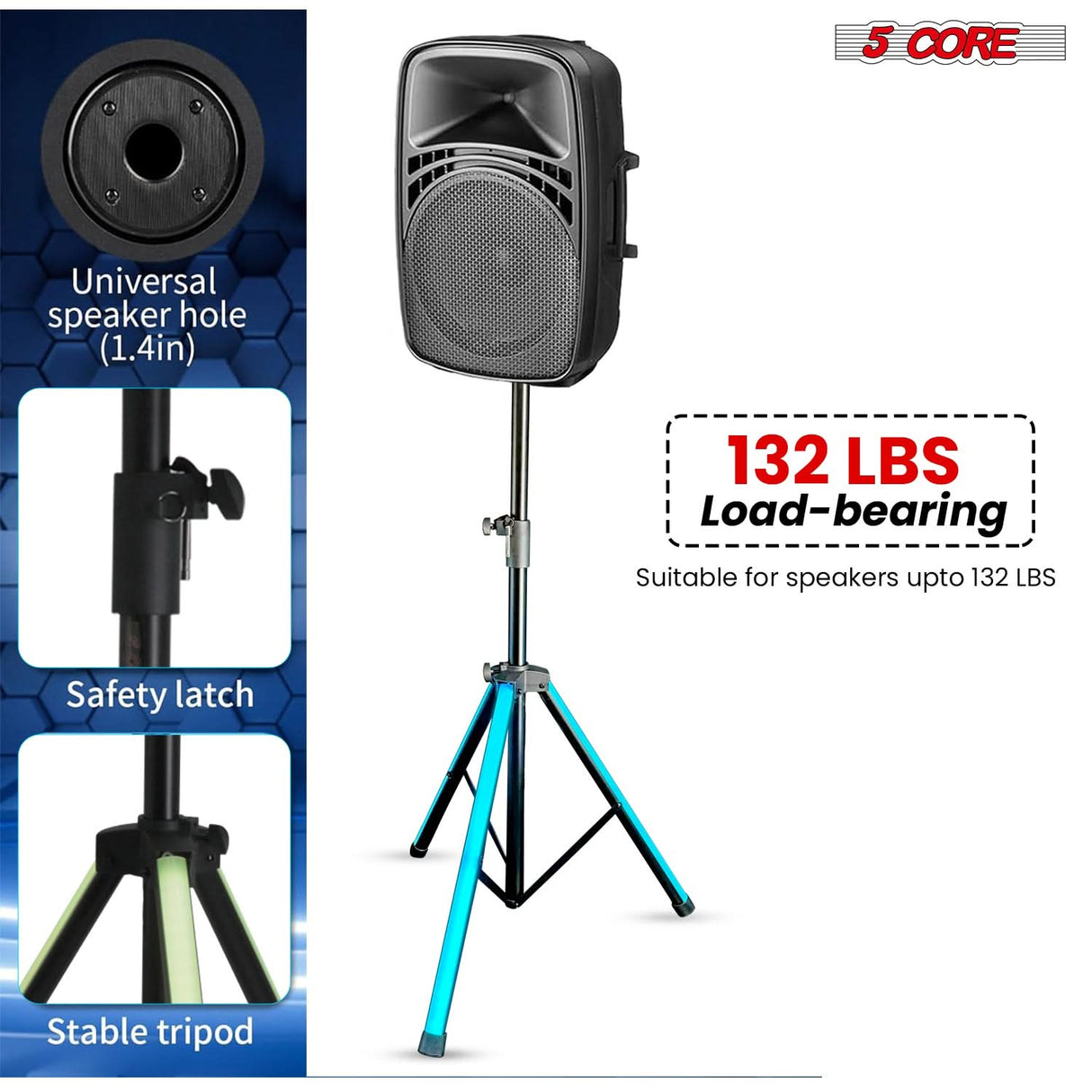 5 Core Speaker Stand Tripod Floor with RGB LED Lights Heavy Duty Adjustable Up to 72 Inch