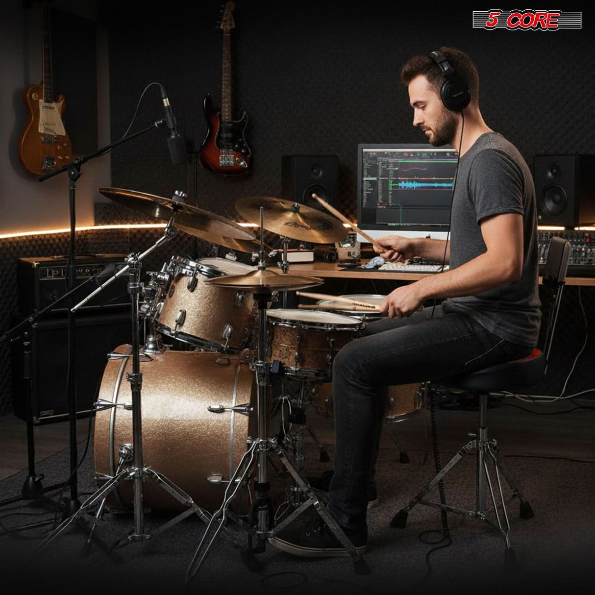 5 Core Drum Throne w Backrest 4" Padded Stool Airlift 25" Adjustable Drummer Stool 441Lb Capacity