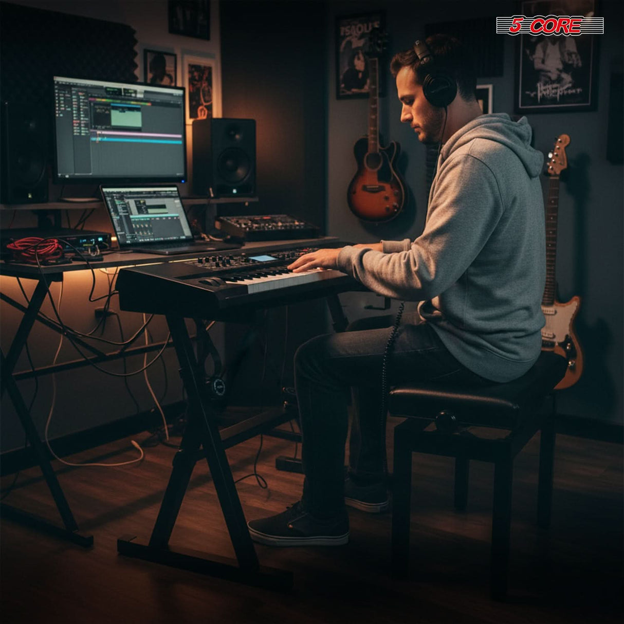 5Core Keyboard Stand Adjustable Height 34.5" Width 32.5” Z Style Electric Piano Riser 250Lb Capacity