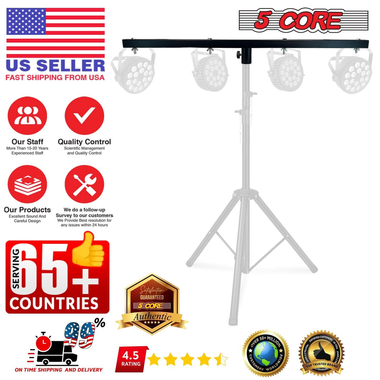 Adjustable lighting T bar for DJs with heavy duty build and 66 lbs capacity