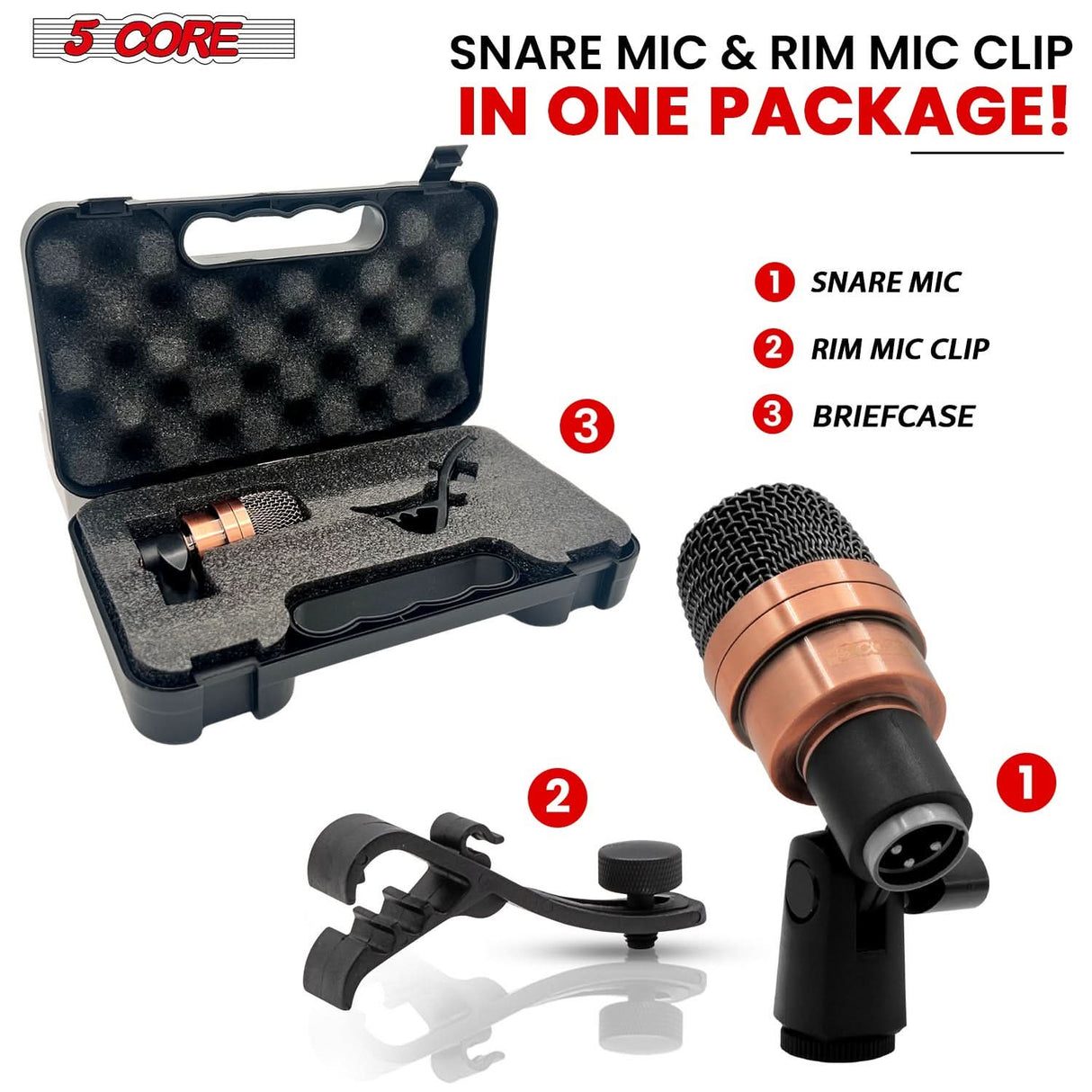 5 Core snare microphone with XLR wired connection, uni-directional design, copper finish