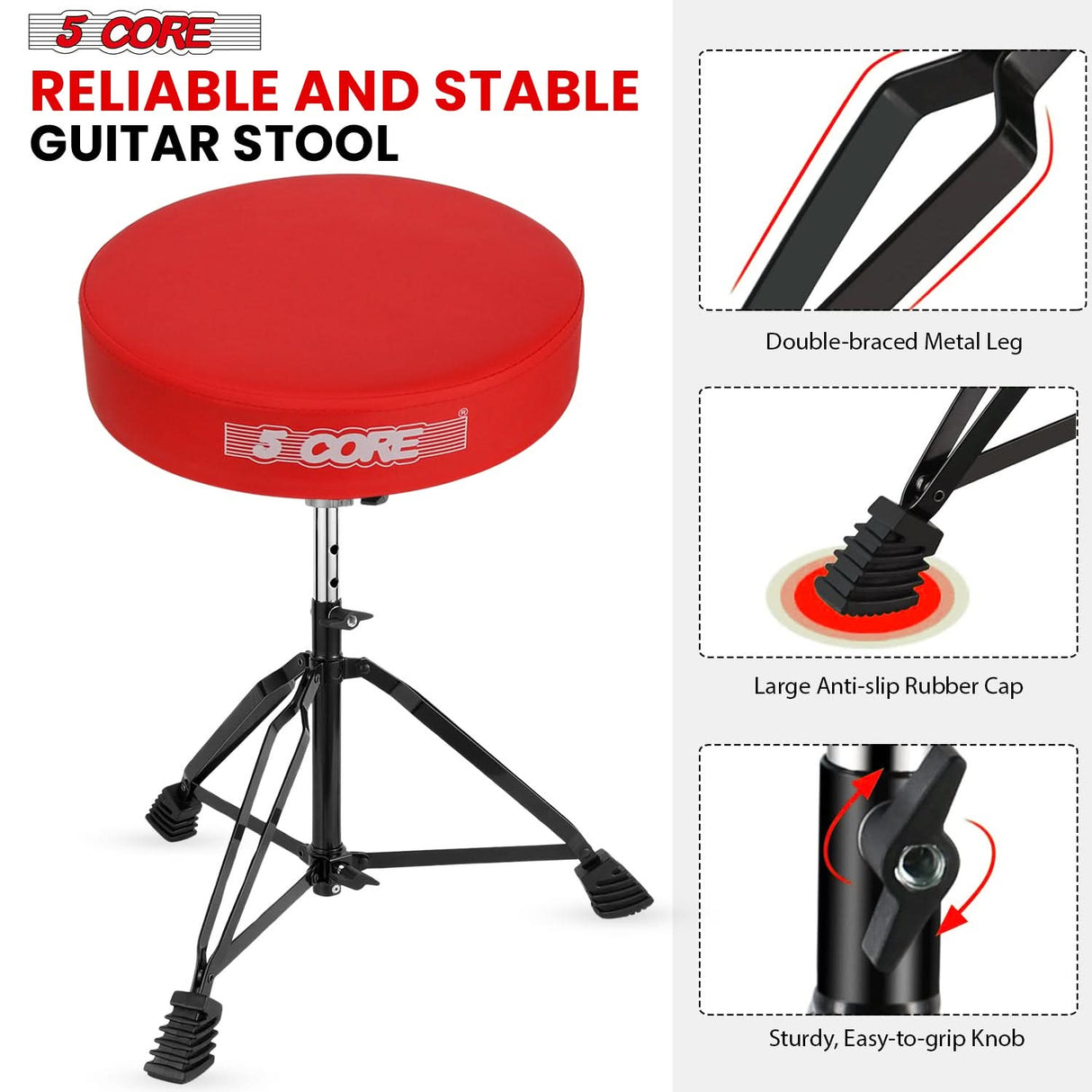 5 Core Drum Throne 3" Padded Drum Seat Height Adjustable Drumming Chair for Practice and Performance