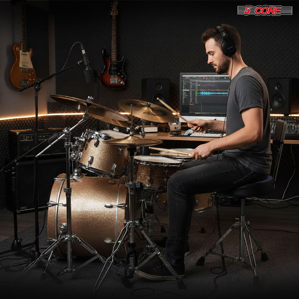 5 Core Drum Throne w Backrest 4" Padded Stool Airlift 25" Adjustable Drummer Stool 441Lb Capacity